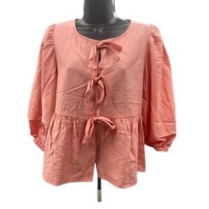 A new day 3/4 sleeve bow closure shirt size S.‎ Color Pink. bubble sleeves